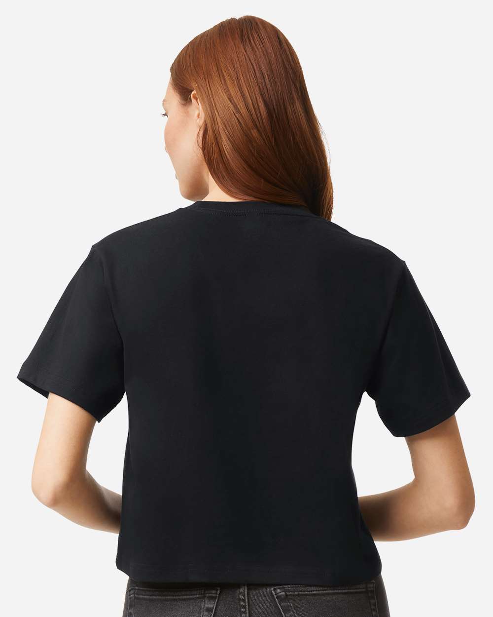 American Apparel Women's Fine Jersey Mid-Length Boxy Tee on model, back