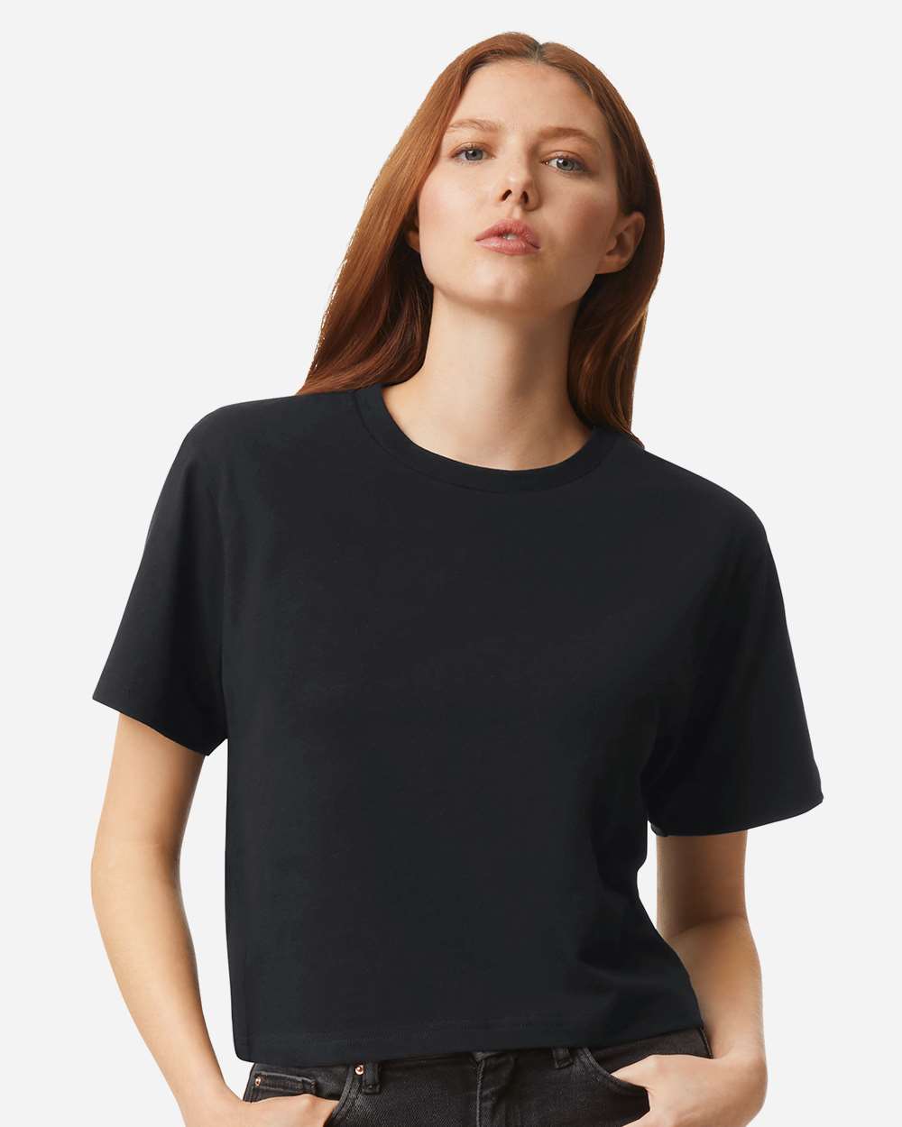 American Apparel Women's Fine Jersey Mid-Length Boxy Tee on model, front