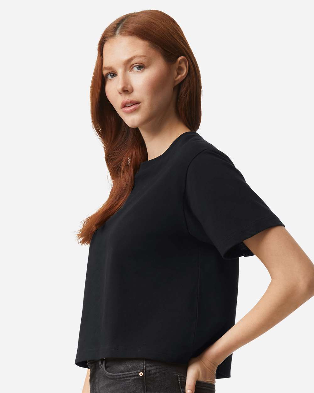 American Apparel Women's Fine Jersey Mid-Length Boxy Tee on model, side