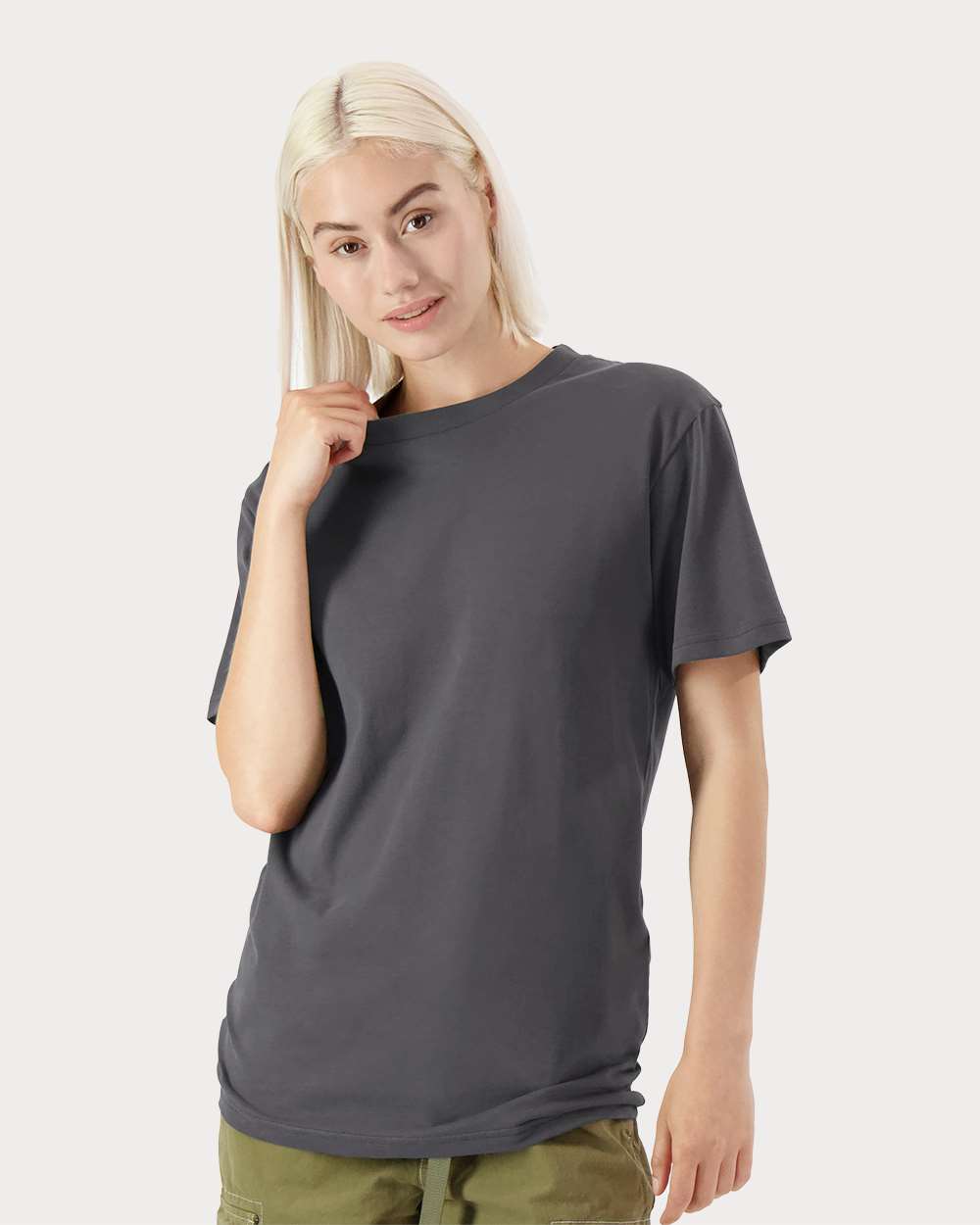 American Apparel Unisex Sueded Tee on model, front