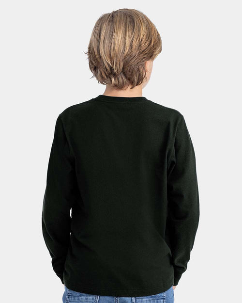 Youth combed cotton long sleeve tee on model, back
