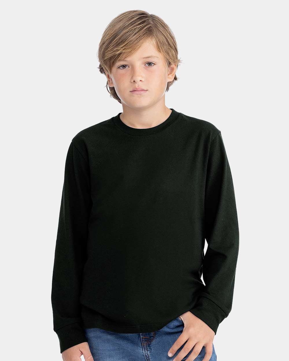 Youth combed cotton long sleeve tee on model, front