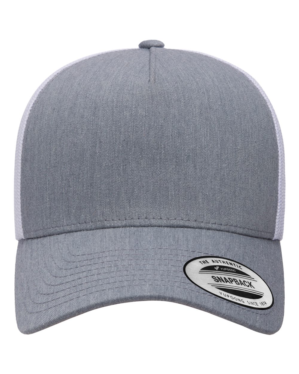 Five-Panel Retro Trucker Cap in Heather/ White - flat front