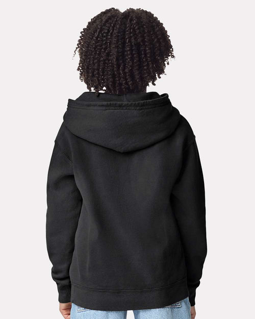 Youth garment-dyed hoodie on model, back