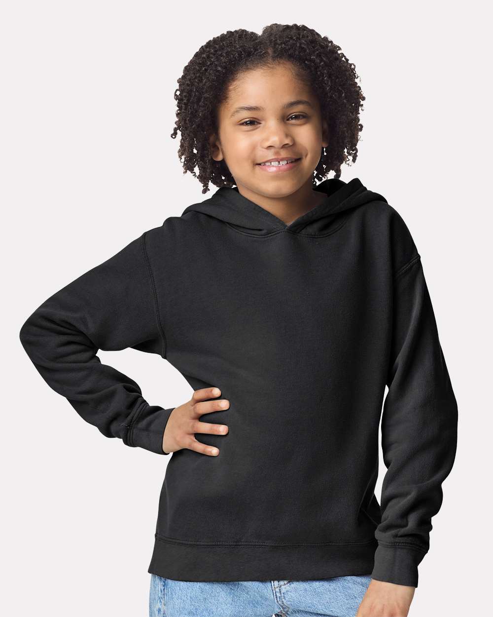 Youth garment-dyed hoodie on model, front