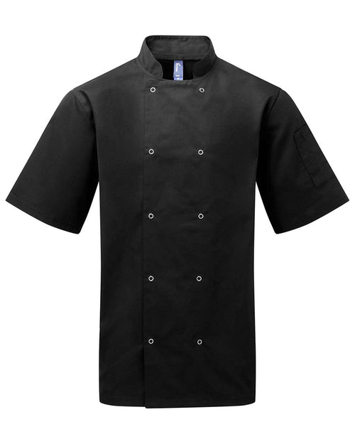 Unisex Ten Studded Front Short Sleeve Chef Coat in Black - flat front