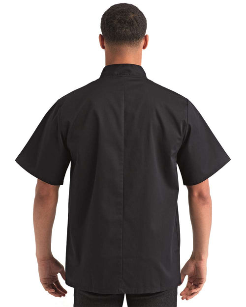 Unisex Ten Studded Front Short Sleeve Chef Coat on model, back