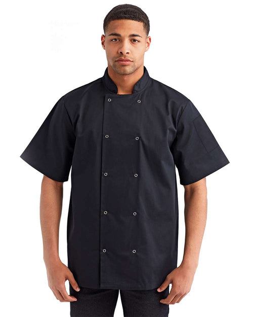 Unisex Ten Studded Front Short Sleeve Chef Coat on model, front
