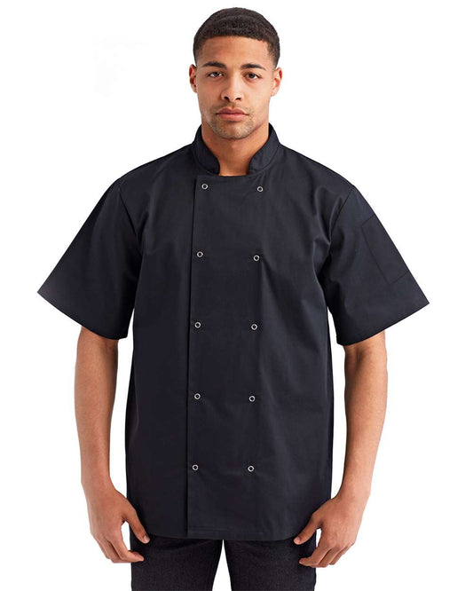 Unisex Ten Studded Front Short Sleeve Chef Coat on model, front