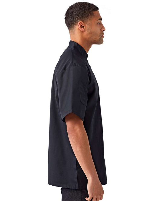 Unisex Ten Studded Front Short Sleeve Chef Coat on model, side