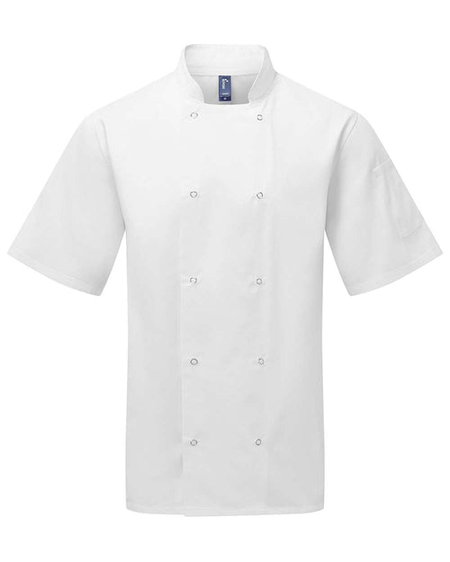 Unisex Ten Studded Front Short Sleeve Chef Coat in White - flat front