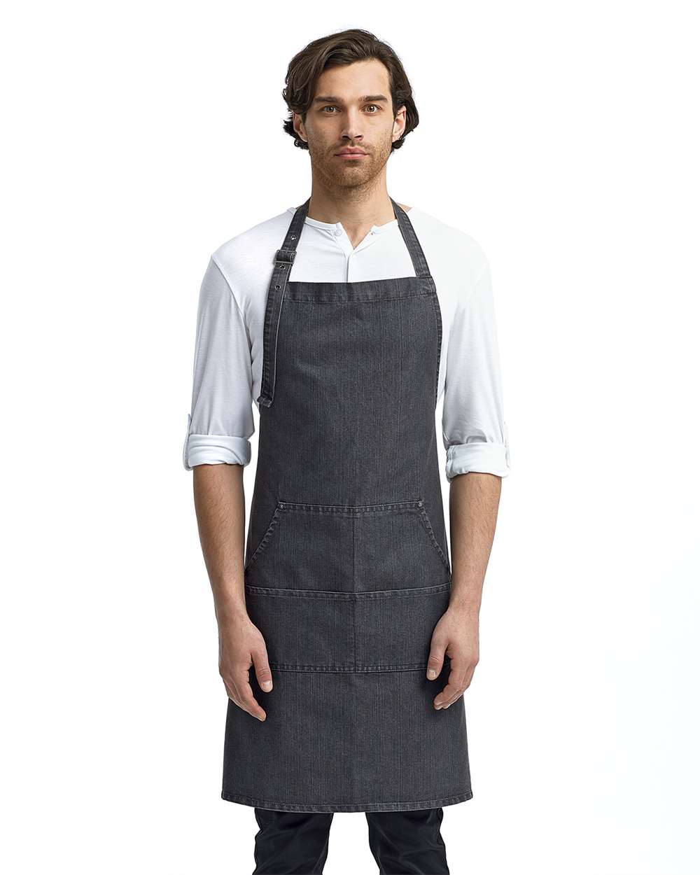 Jeans Stitch Denim Bib Apron on model, front