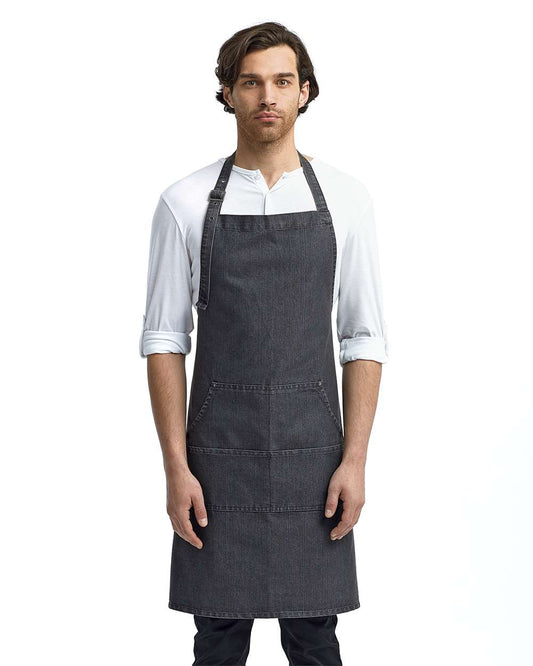 Jeans Stitch Denim Bib Apron on model, front
