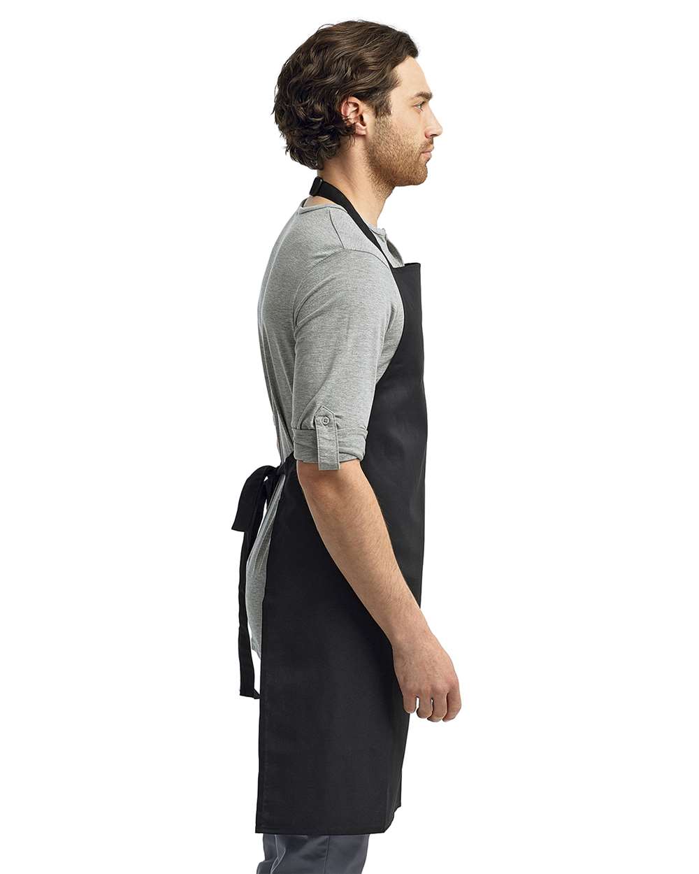 Recycled Bib Apron on model, side