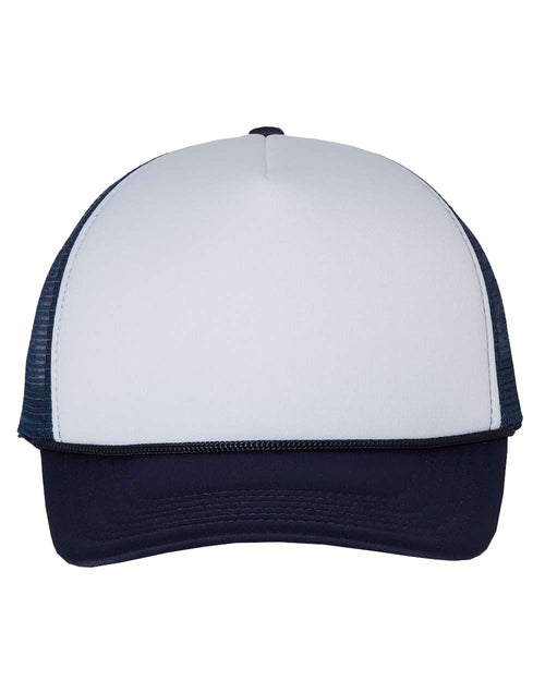 Foam Mesh-Back Trucker Cap in White/ Navy - flat front