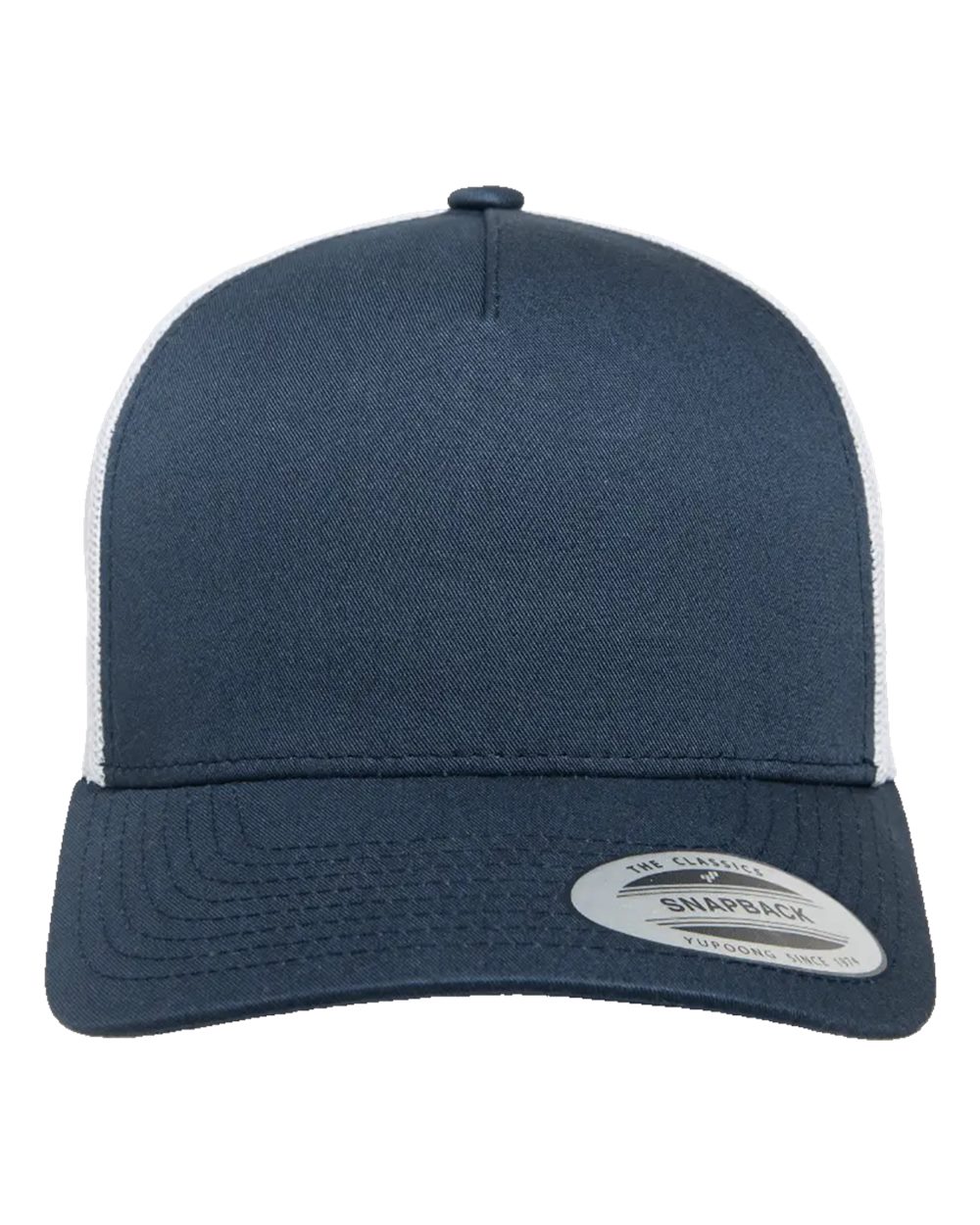 Five-Panel Retro Trucker Cap in Navy/ White - flat front