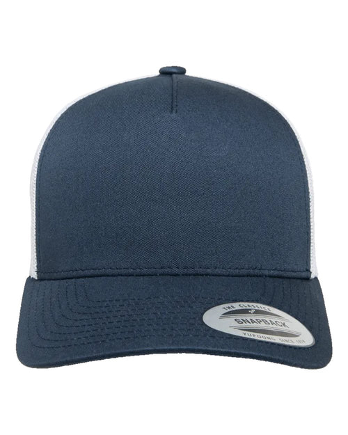 Five-Panel Retro Trucker Cap in Navy/ White - flat front