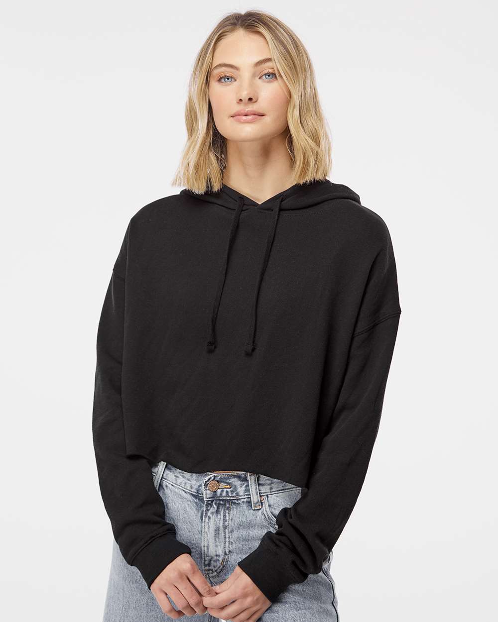 Women's Lightweight Crop Hooded Sweatshirt on model, front