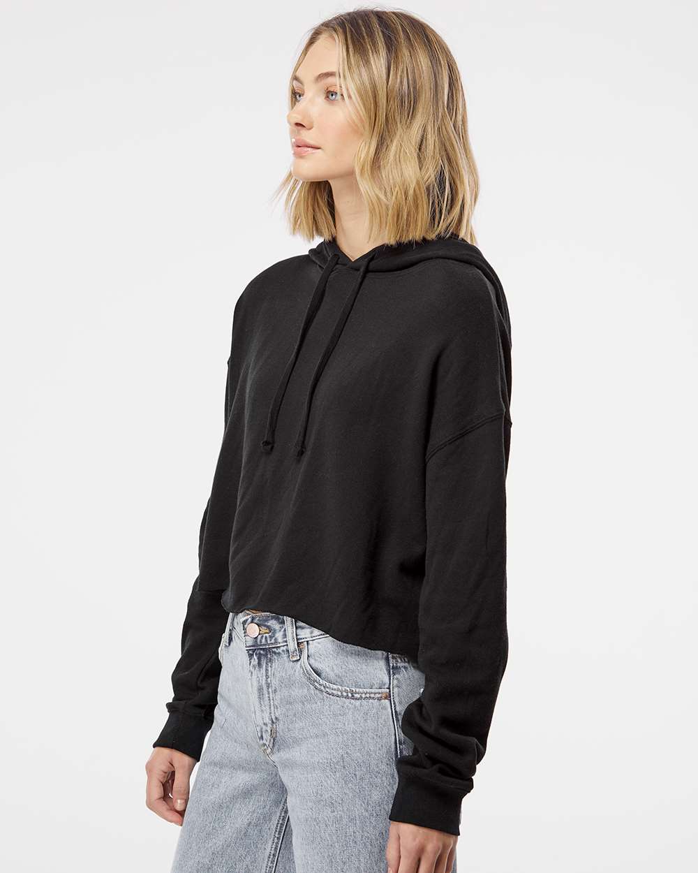 Women's Lightweight Crop Hooded Sweatshirt on model, side