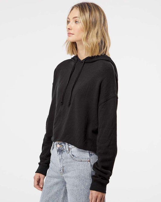 Women's Lightweight Crop Hooded Sweatshirt on model, side