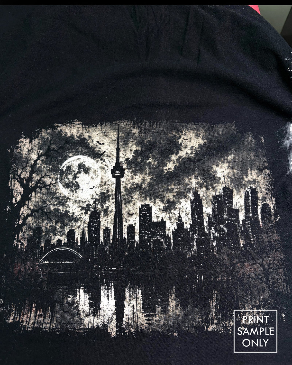Sample back print on a black hoodie: Toronto skyline at night (print sample only)
