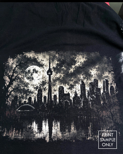 Sample back print on a black hoodie: Toronto skyline at night (print sample only)
