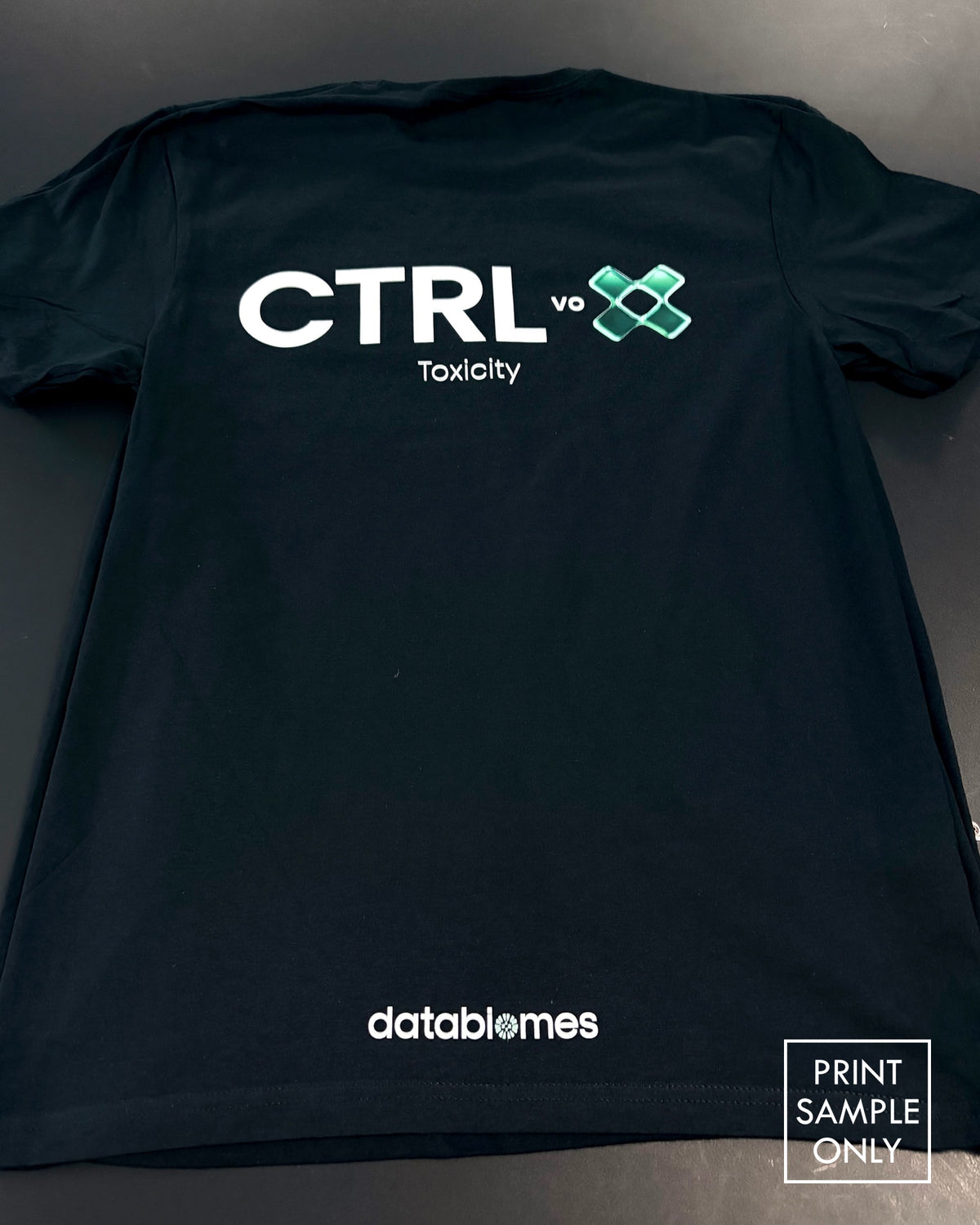 Sample back print on a black t-shirt: logo (print sample only)