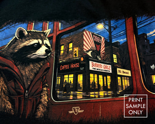 Close-up of a sample print on black fabric: raccoon on a streetcar (print sample only)