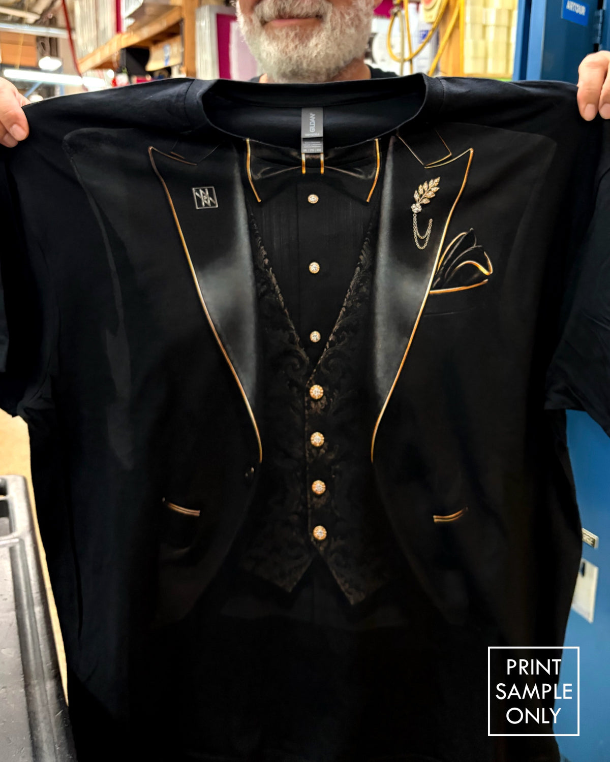 Sample print on a black t-shirt: tuxedo graphic (print sample only)
