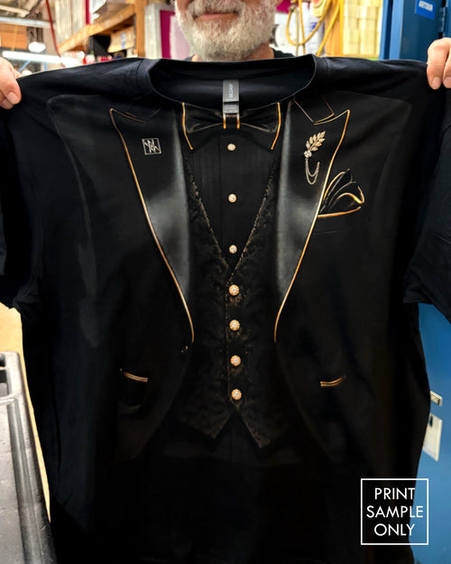 Sample print on a black t-shirt: tuxedo graphic (print sample only)