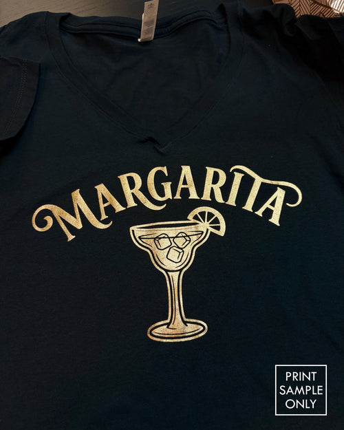 Sample print on a black V-neck t-shirt: gold margarita glass (print sample only)